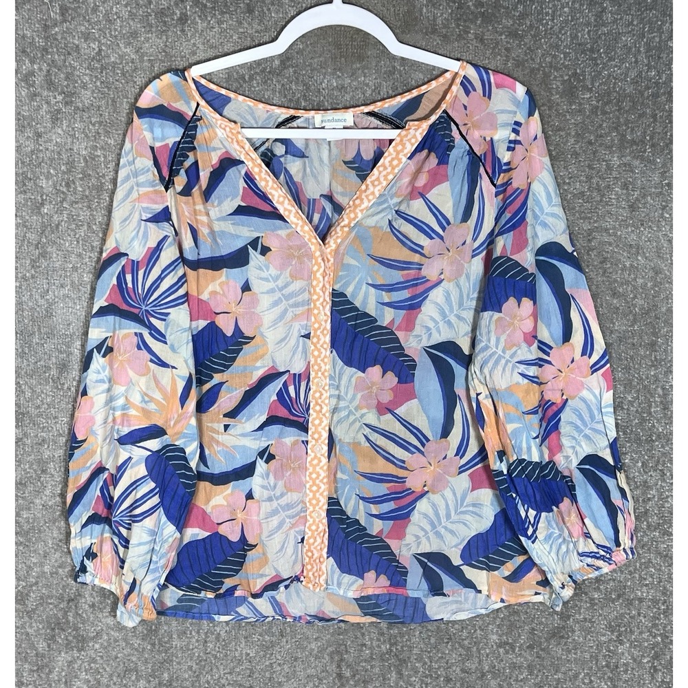 Sundance Gauze Floral Vneck Button Top Womens Sz M Hawaiian Tropical Lightweight